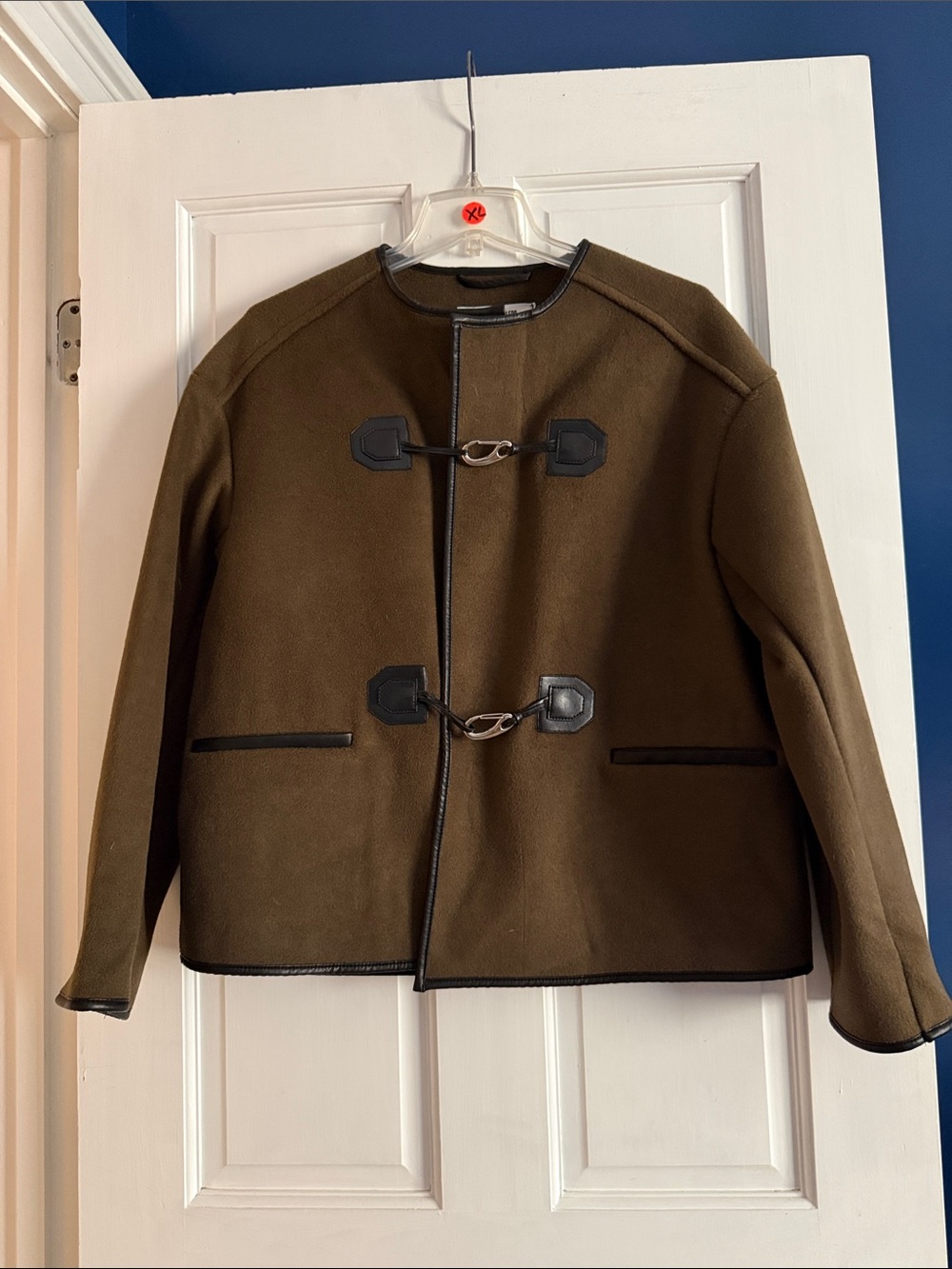 Olive Toggle-Front Pea Coat with Leather Trim